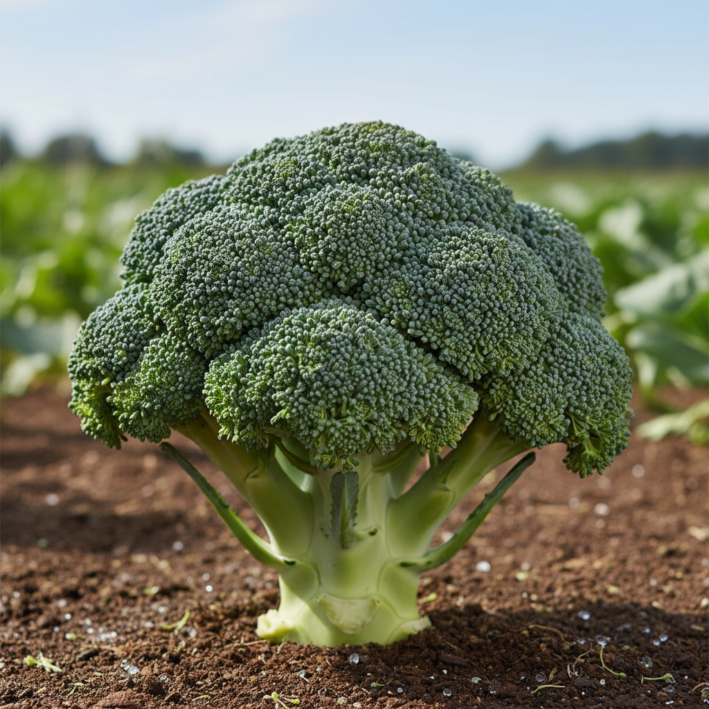 Waltham broccoli with compact blue-green head, harvest-ready